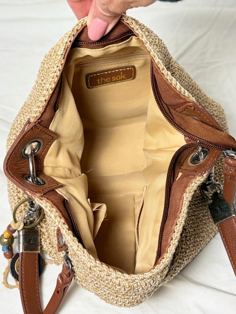 The Sak Crochet Shoulder Hobo Bag – Neutral/Tan Leather Trim Boho Purse - Picture 5 of 6
